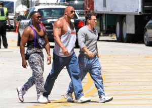 Anthony Mackie, Dwayne Johnson and Mark Wahlberg managing to cross the road